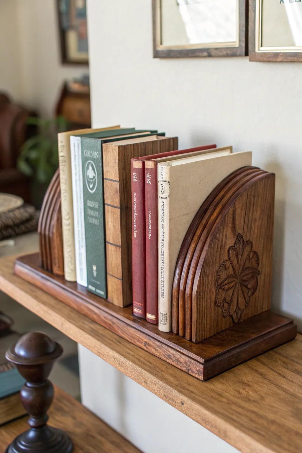 Wooden bookends that impart a personal nuance to a book collection.