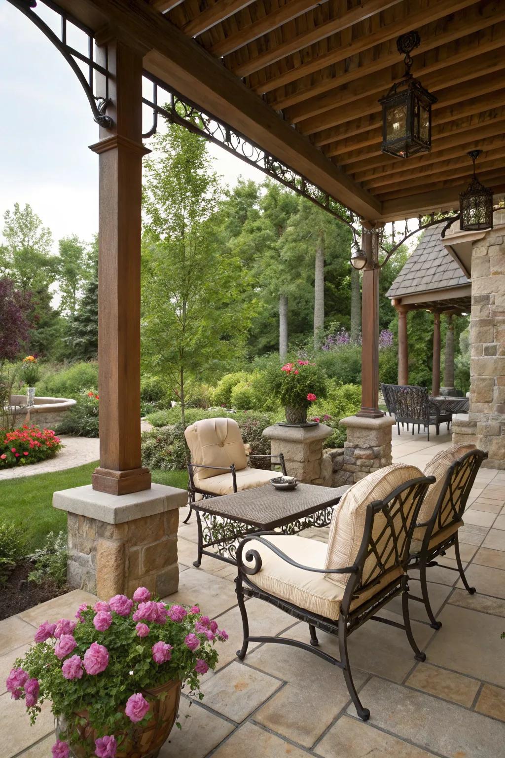 An eclectic fusion of materials elevates the patio's style.