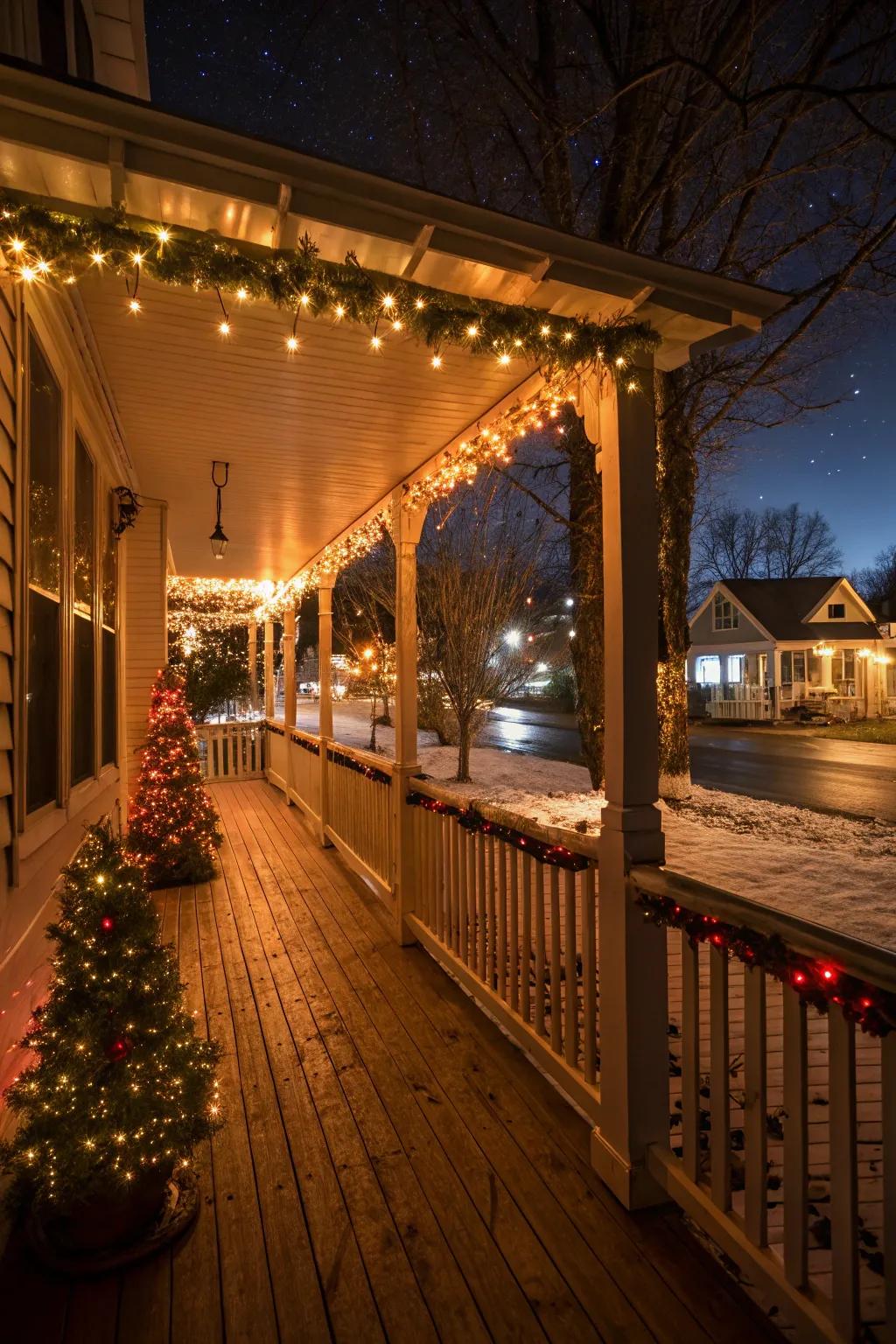 A veranda beautifully embellished with radiant Yuletide lights.