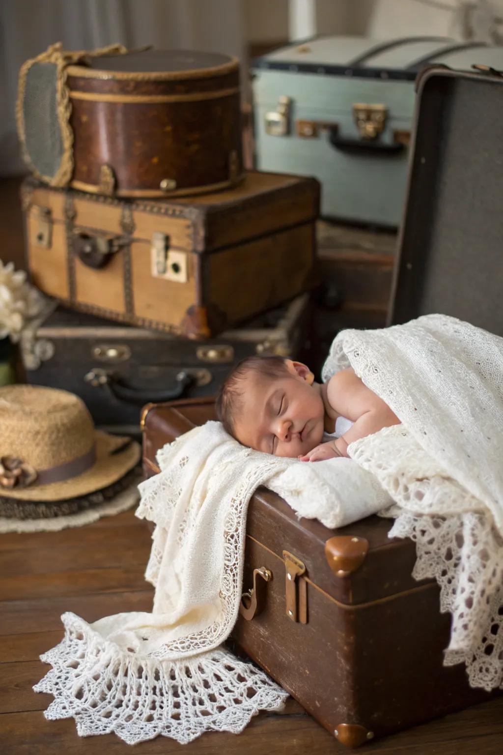 Vintage props infuse profundity and nostalgic allure into baby images.