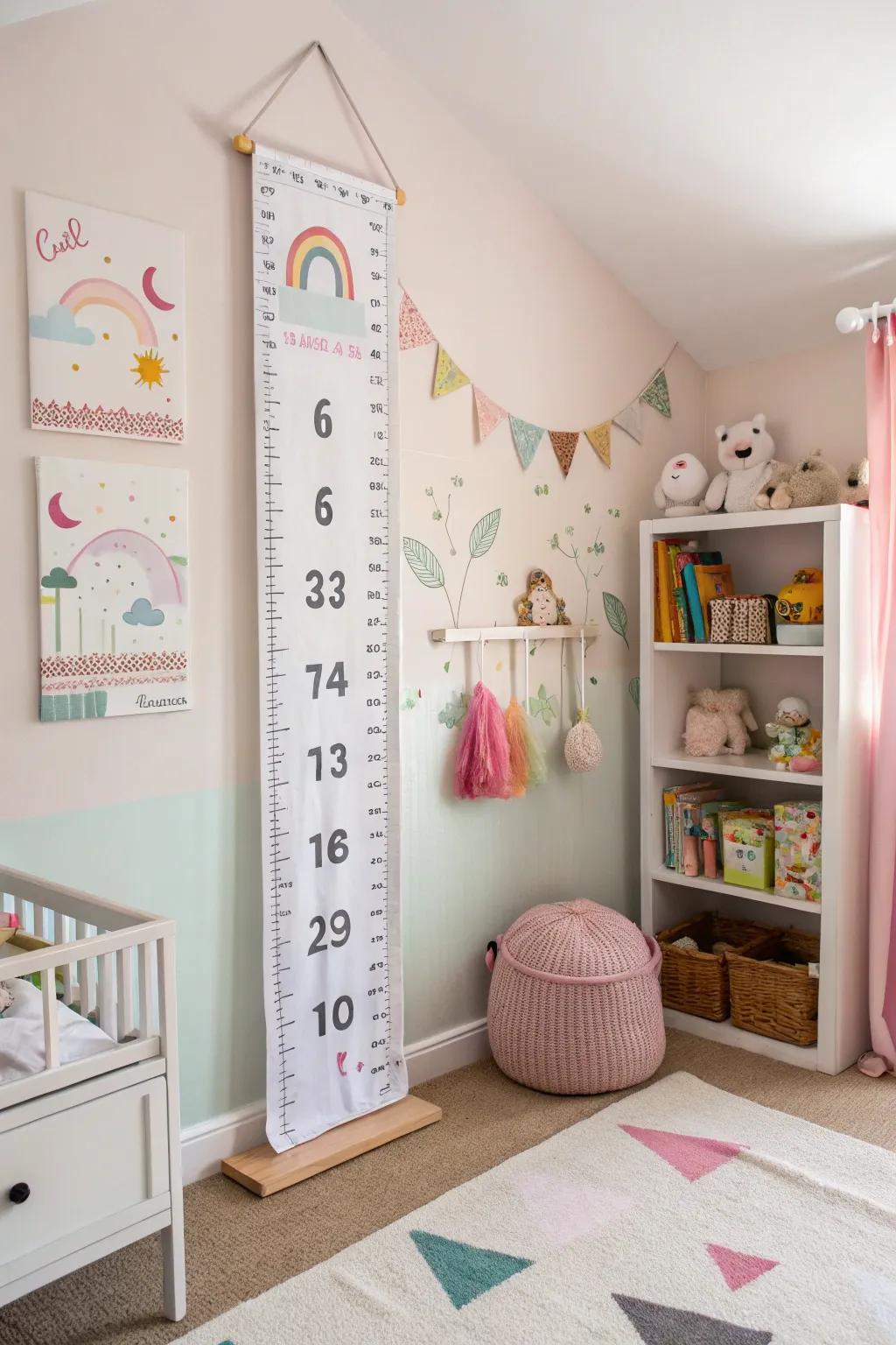 A growth chart adds a personal, interactive touch to the space.