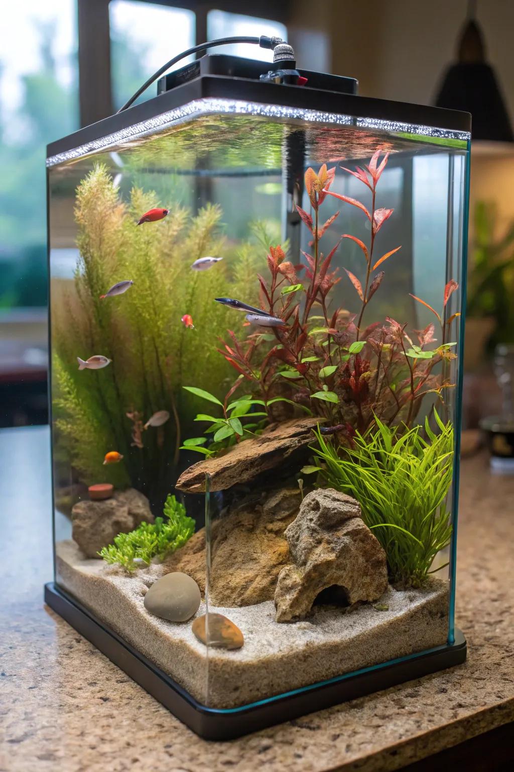 A biotope replication engenders a realistic and instructive arrangement.