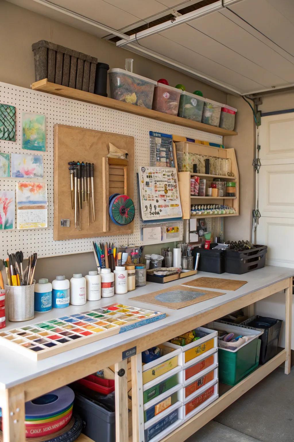 A hobby nook inspires creativity in your garage.
