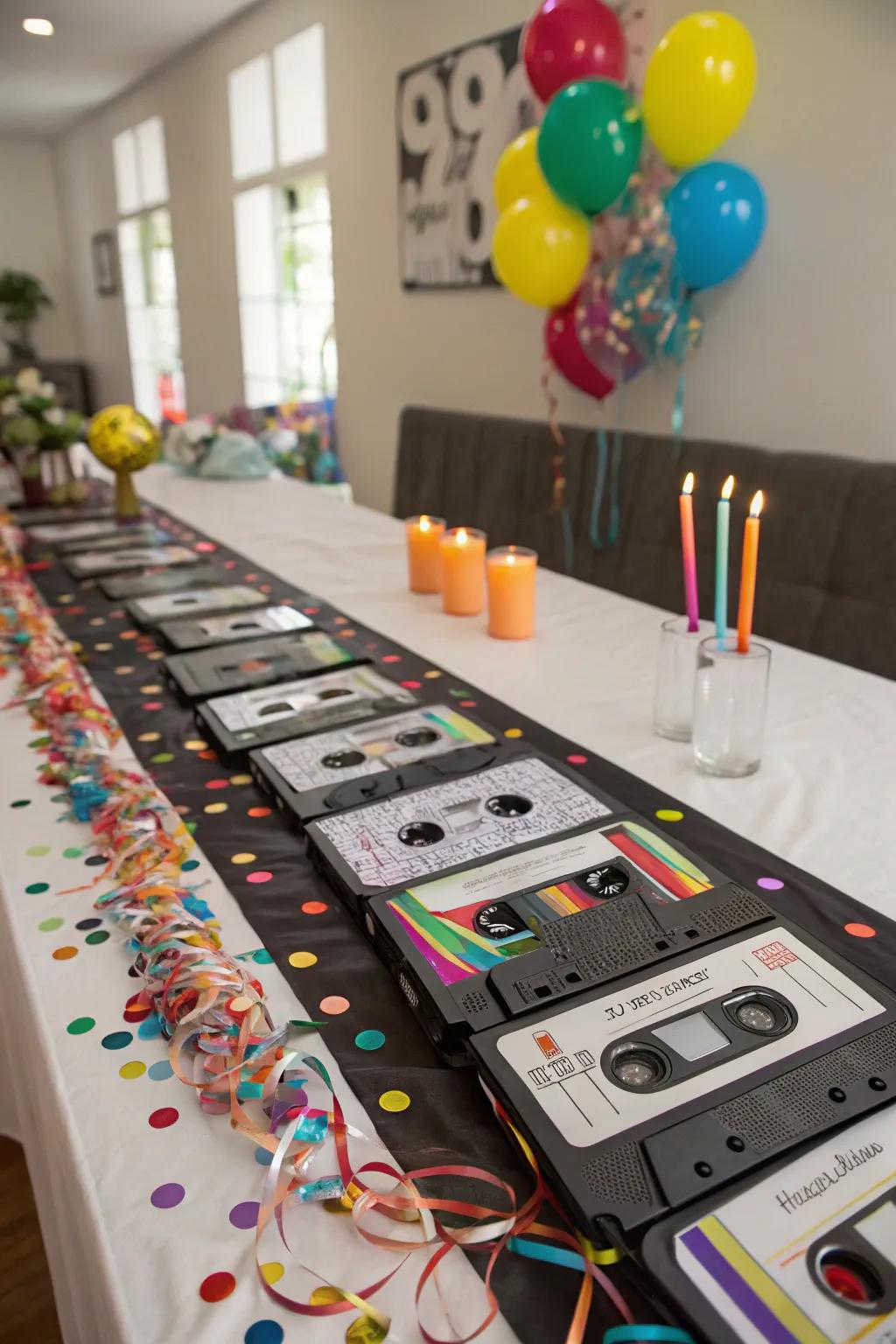 A cassette tape tabletop runner introduces a creative accent to your celebration decor.