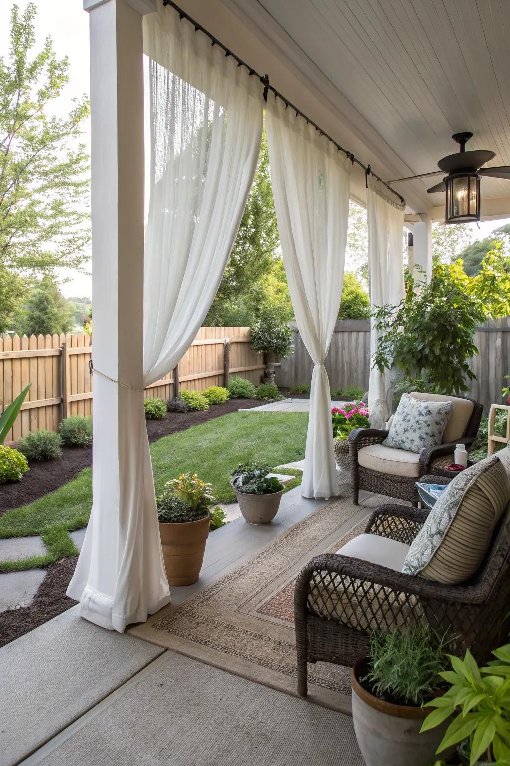 A porch enhanced with elegant outdoor drapes for privacy.