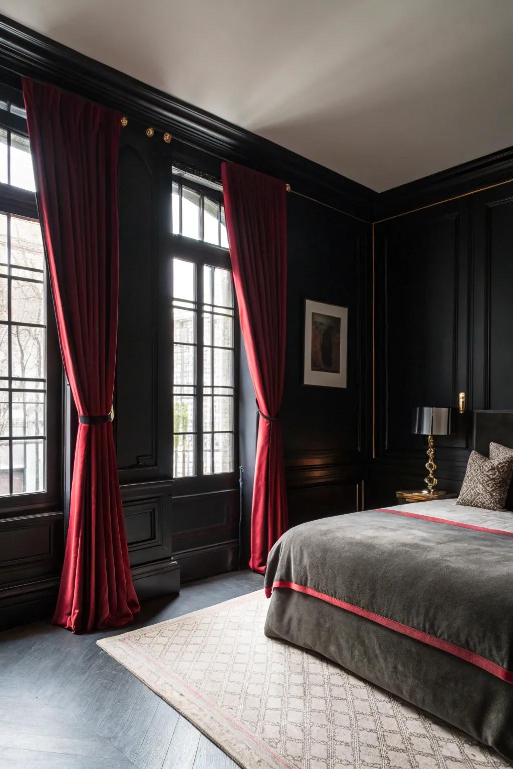 A black bedroom featuring striking drapes framing the windows.