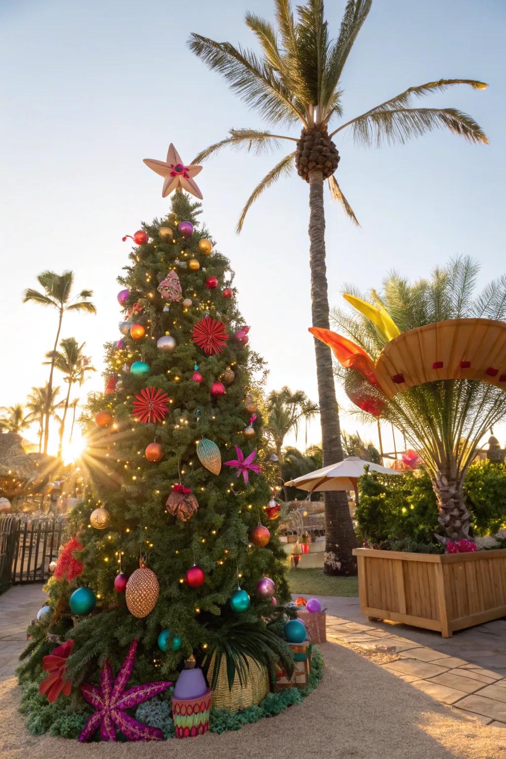 A tropical-themed Christmas tree featuring lively and exotic ornaments.