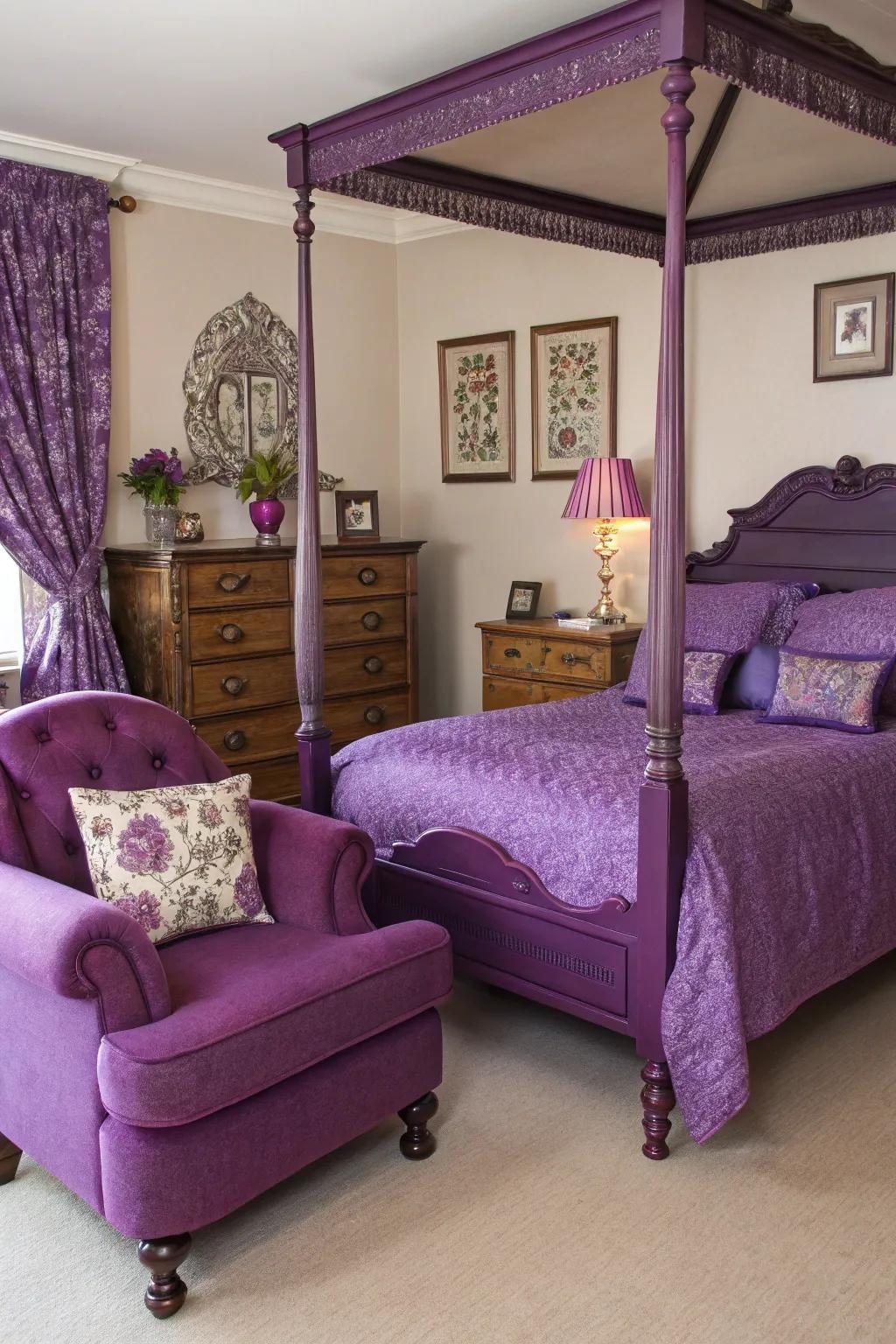 Append timeless elegance with violet upholstery.