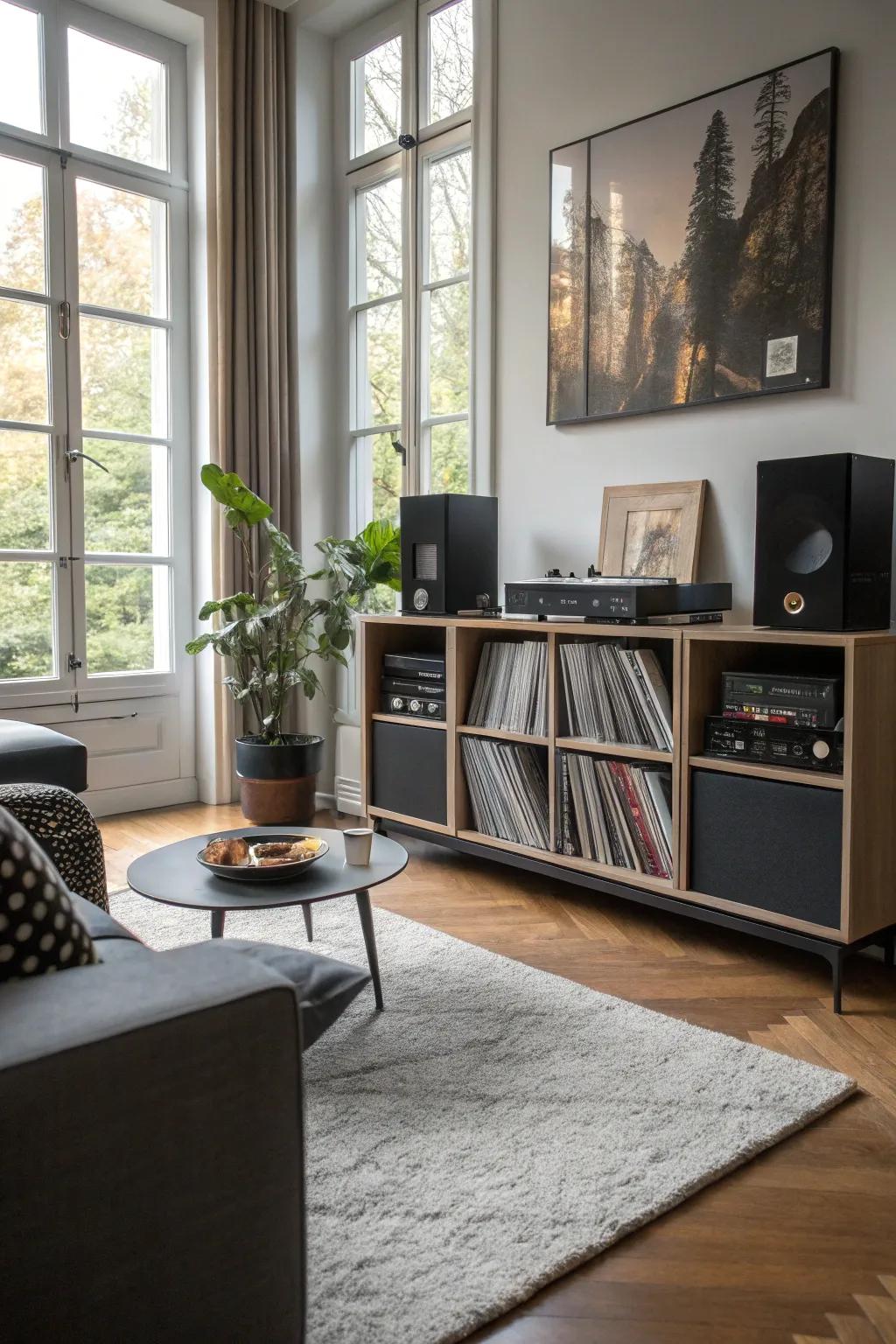 A modular storage system providing versatility and style for vinyl record storage.