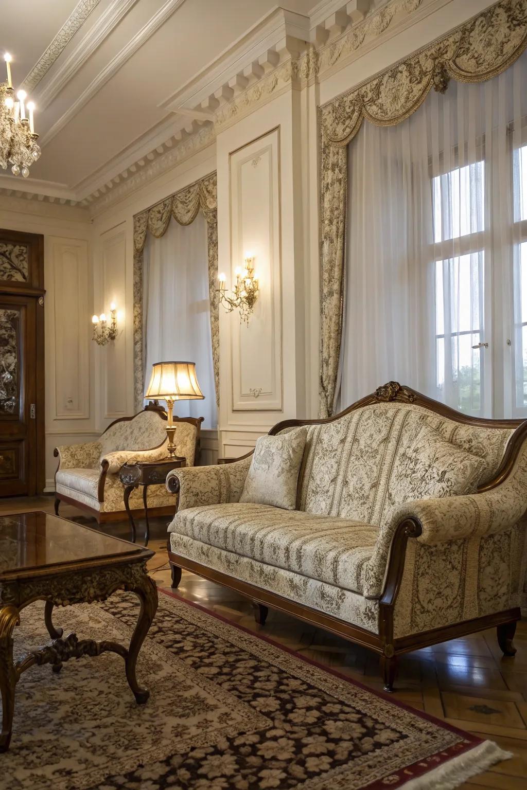Damask fabrics adding lush beauty to a colonial-inspired room.