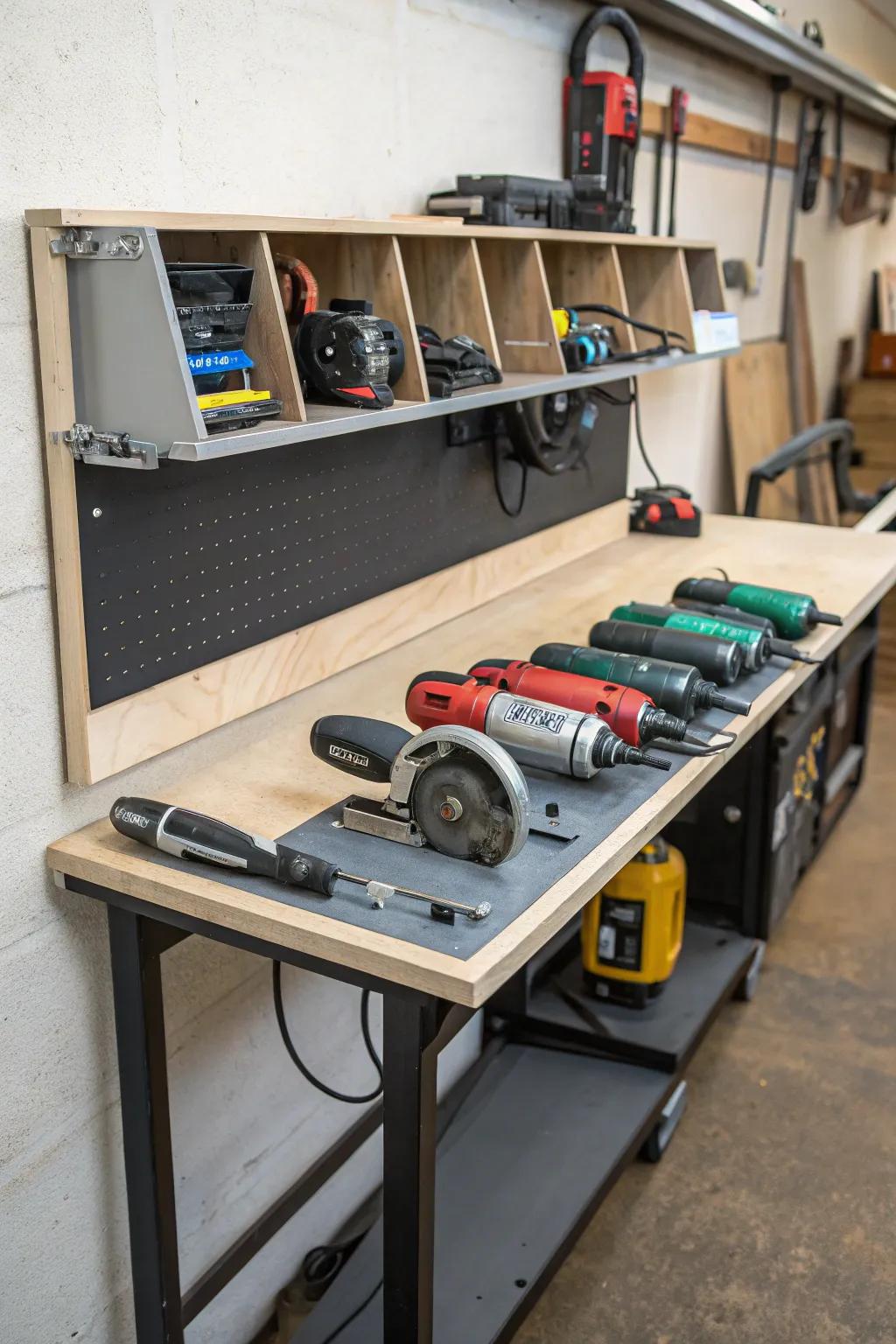 Space-efficient fold-down wall table providing dual-purpose storage and workspace.