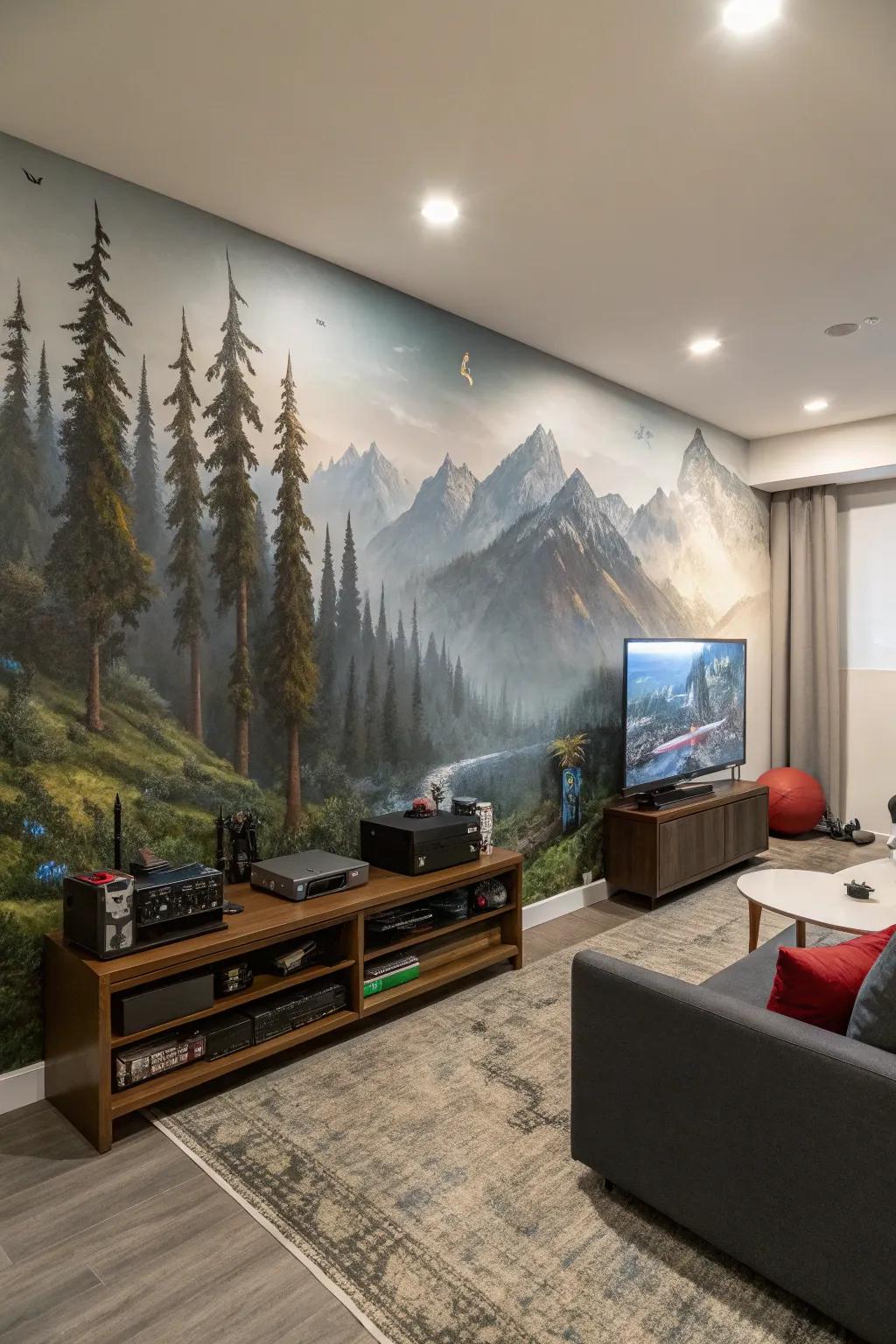 Wall murals establish a distinct theme and atmosphere in your game room.