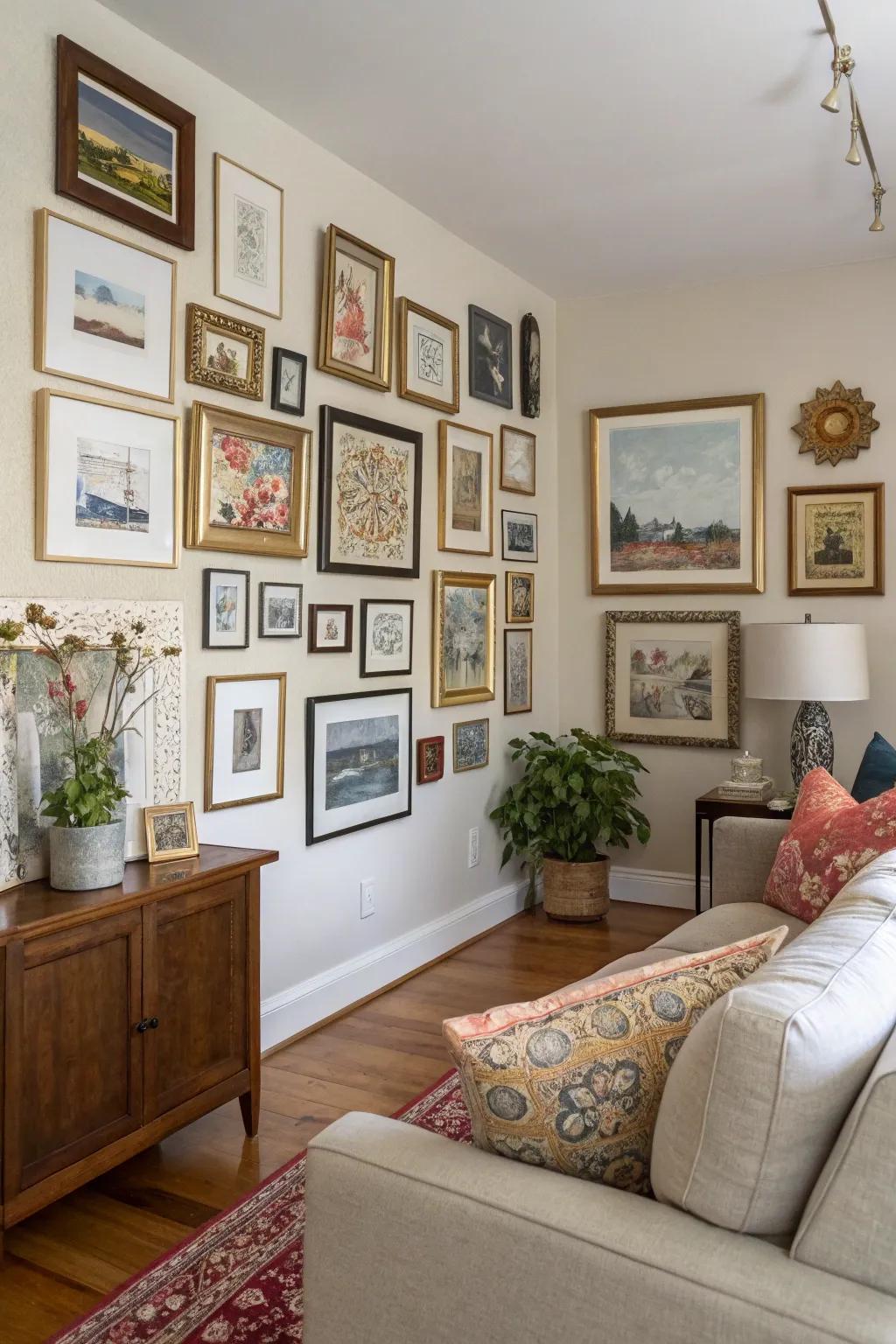 A vibrant gallery wall adds character and personal style to the living area.