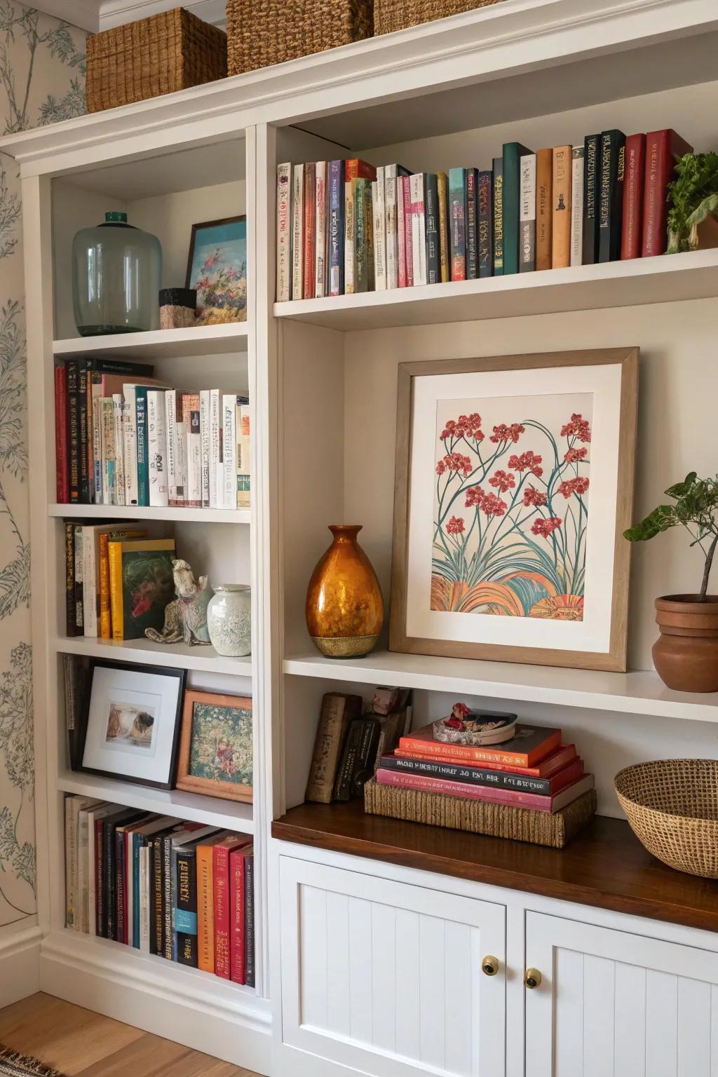 Art prints adding charm to a well-styled bookcase.