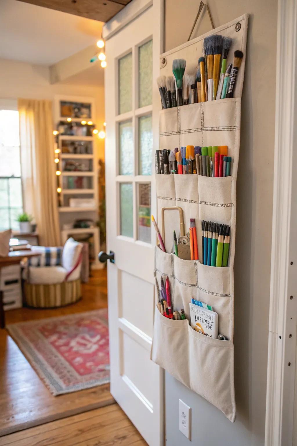 Over-the-door organizers optimize space efficiently.