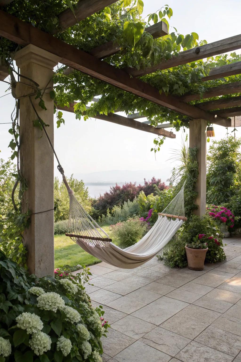 A hammock extends the flawless leisurely locale upon your patio.