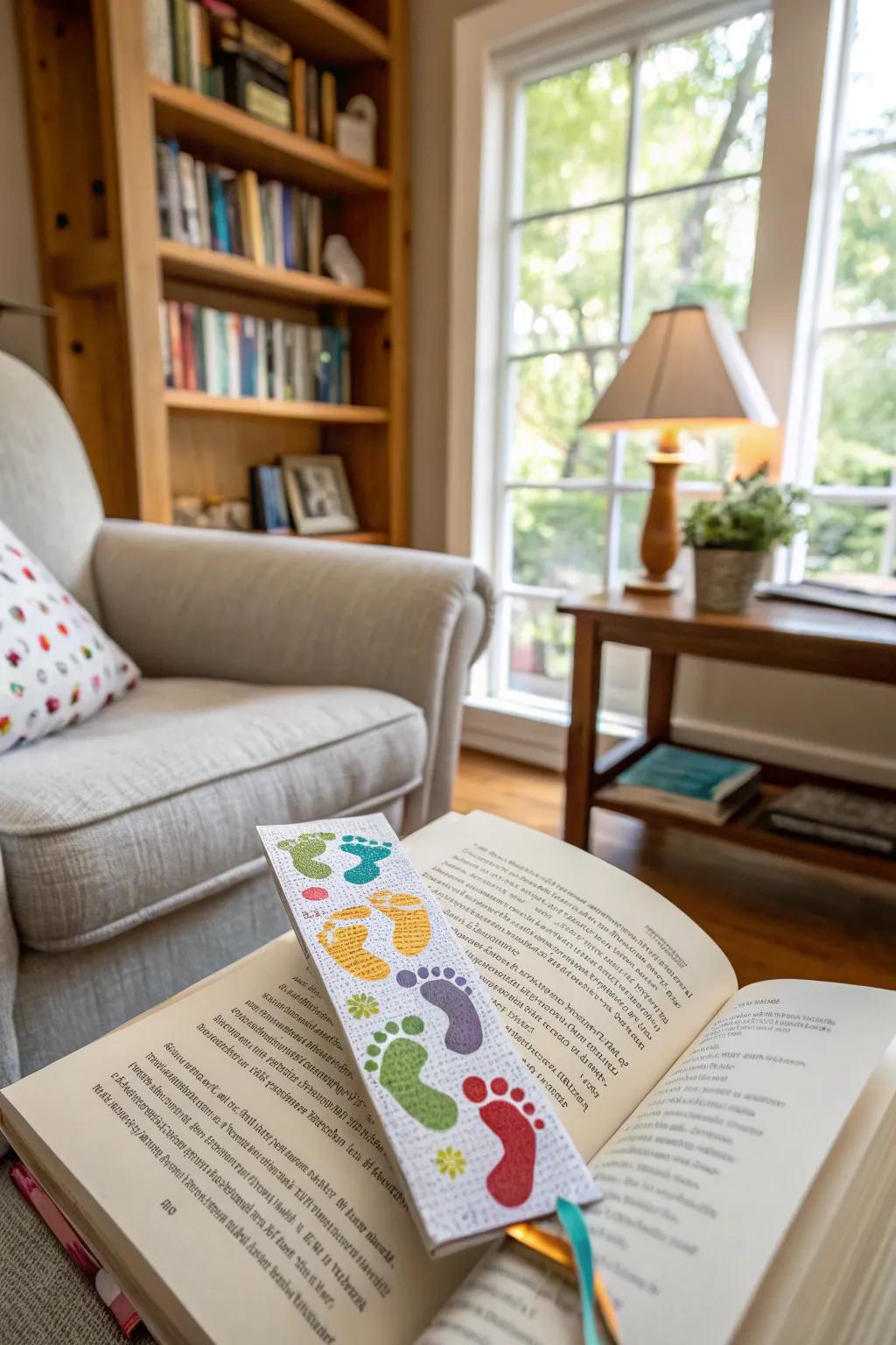 A delightful footprint marker for Grandma's treasured reads.