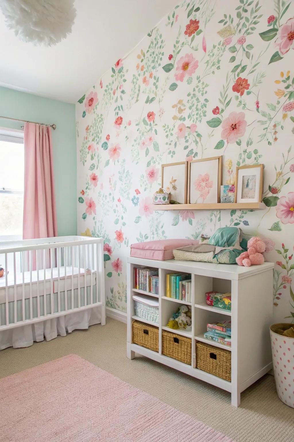 Accent blossom wallpaper establishes a breathtaking focal point.