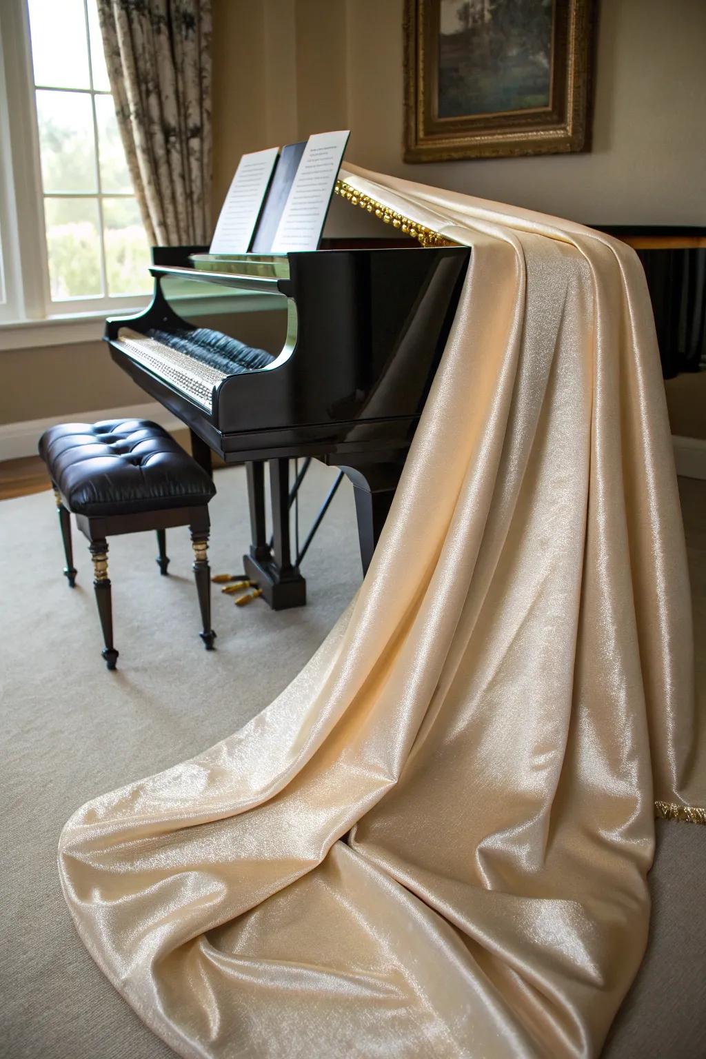 Textures such as velvet introduce elegance to the piano area.