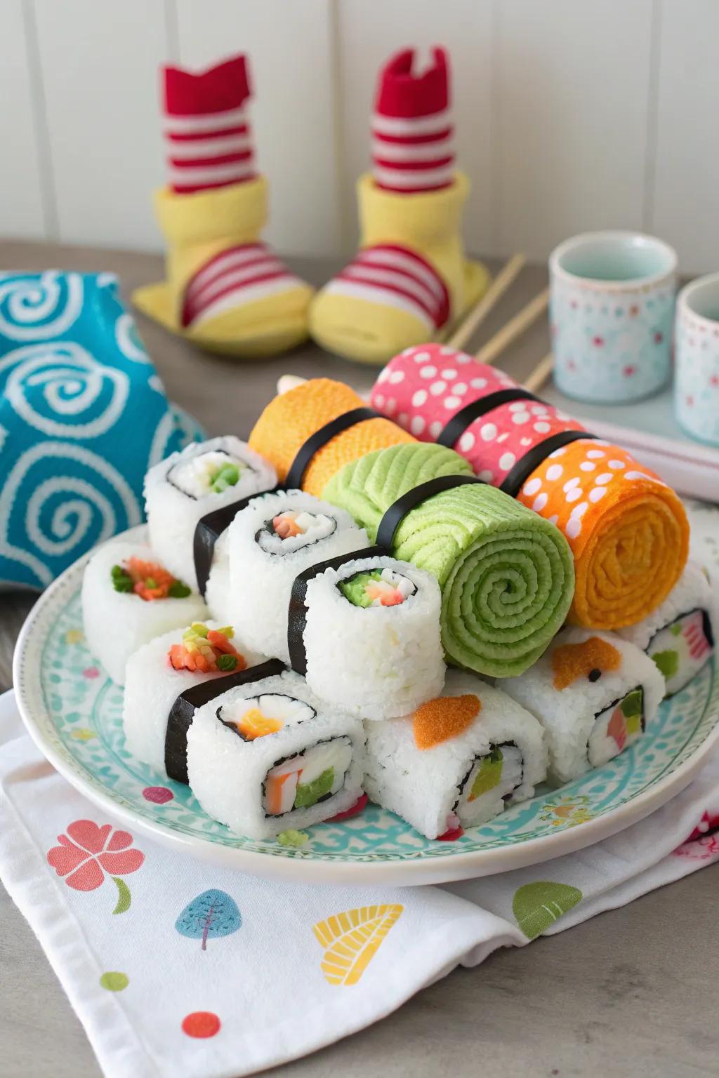 A playful diaper sushi set to delight guests.