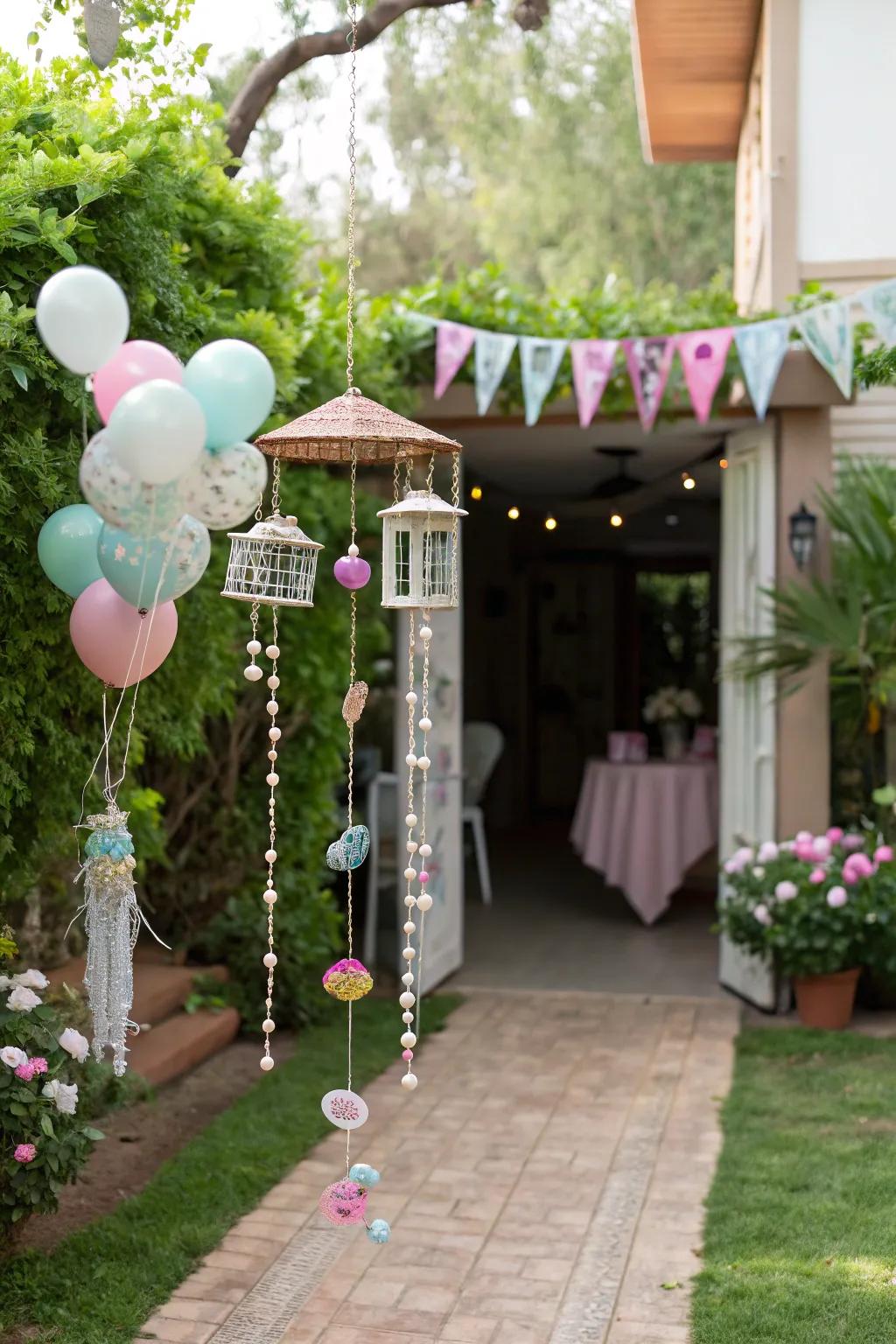 Whimsical aerophones append a playful and tranquil hint to the passageway.