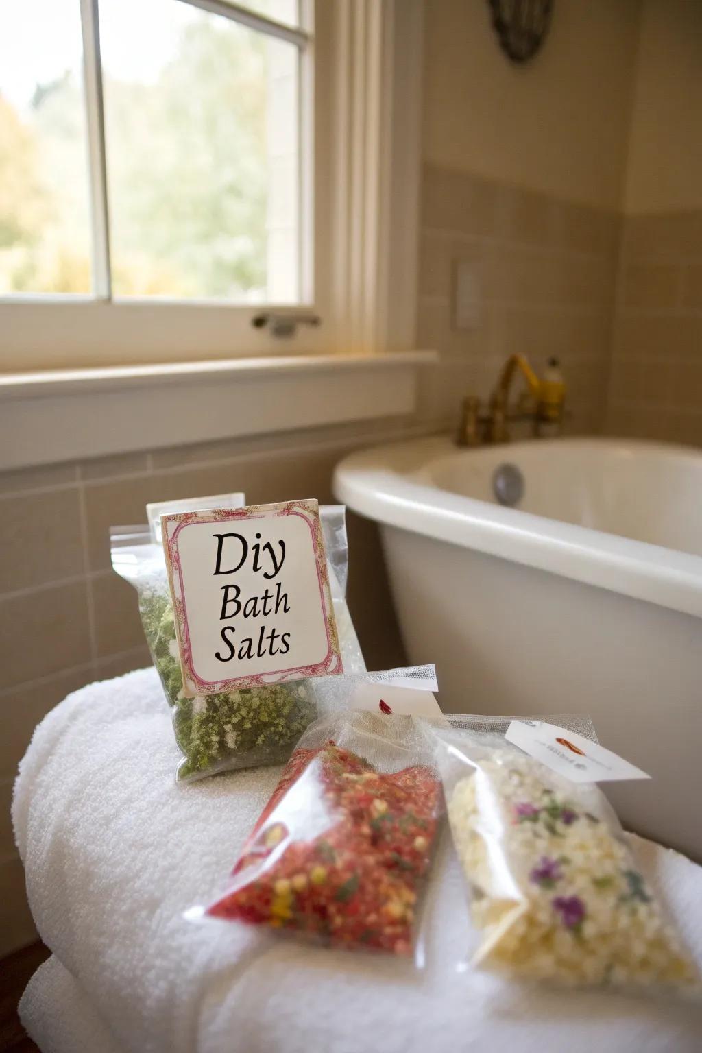 DIY bath salt pouches offer a soothing present option.