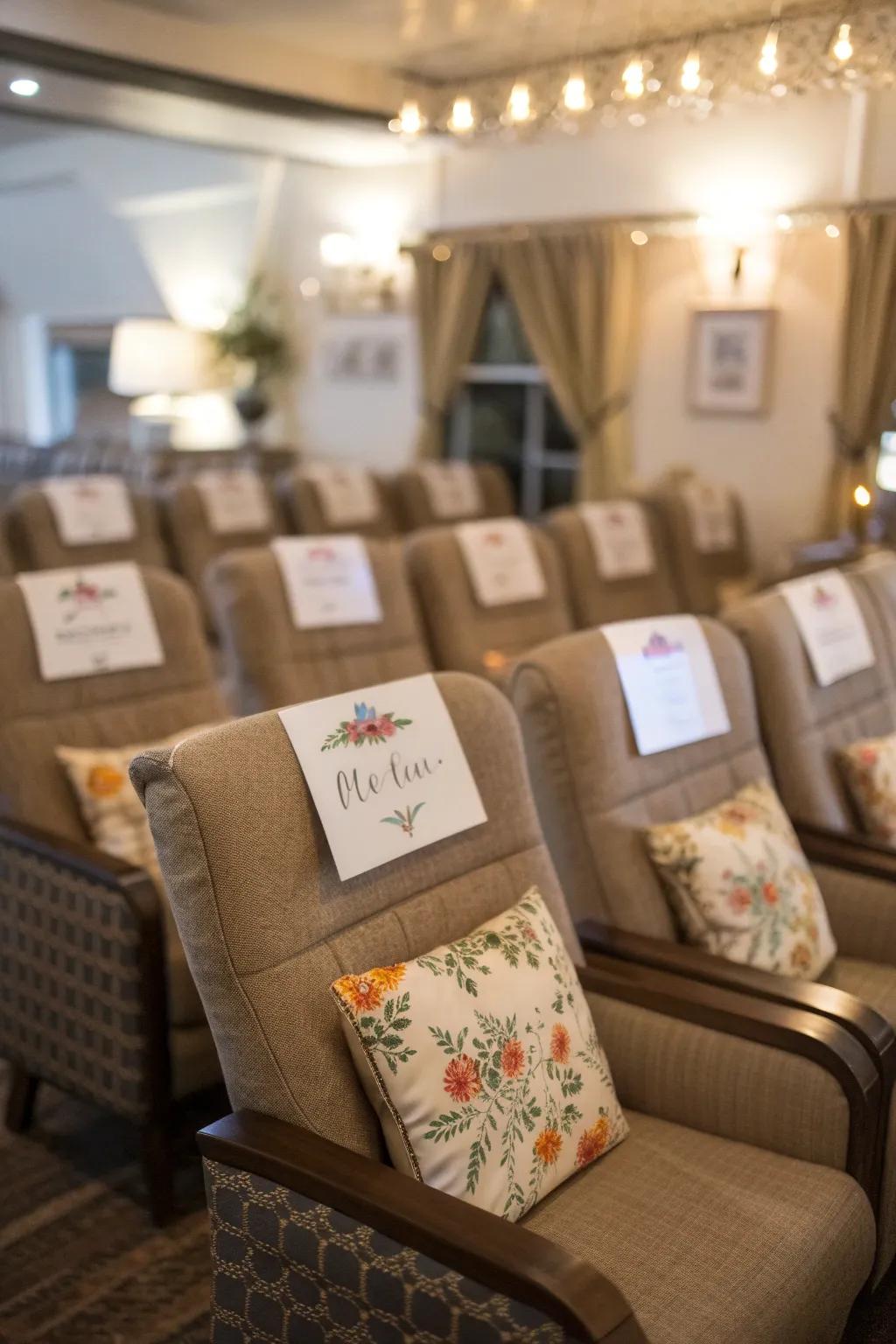 Personalized seating with custom identity labels for visitors.