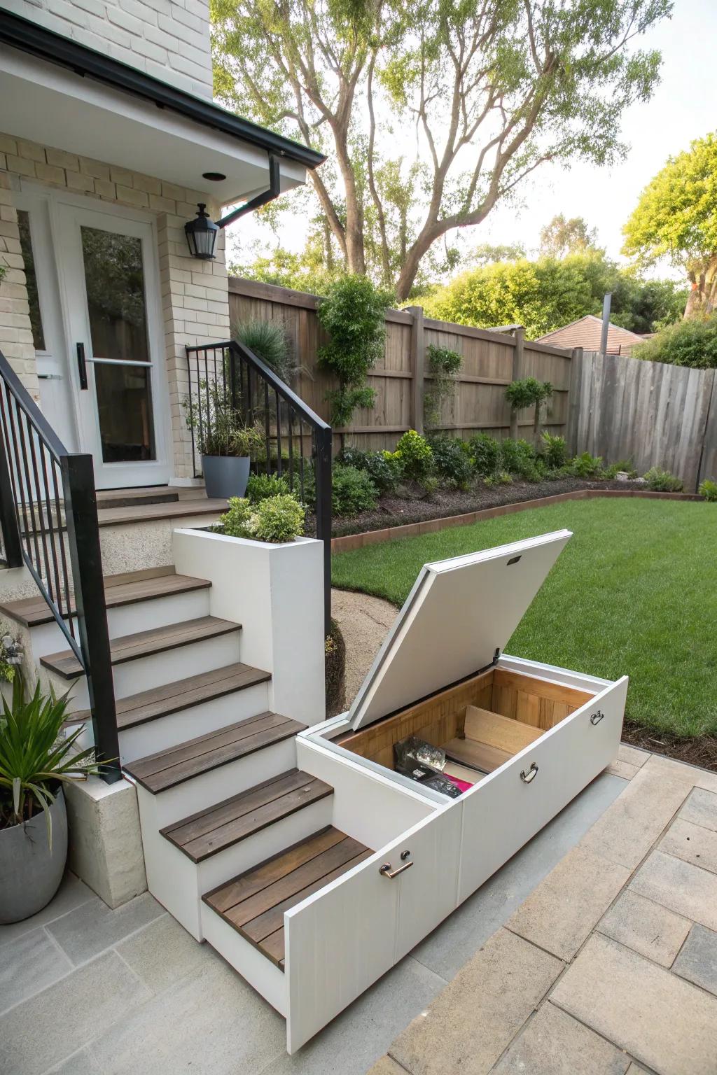 Concealed storage beneath steps provides practical utility.