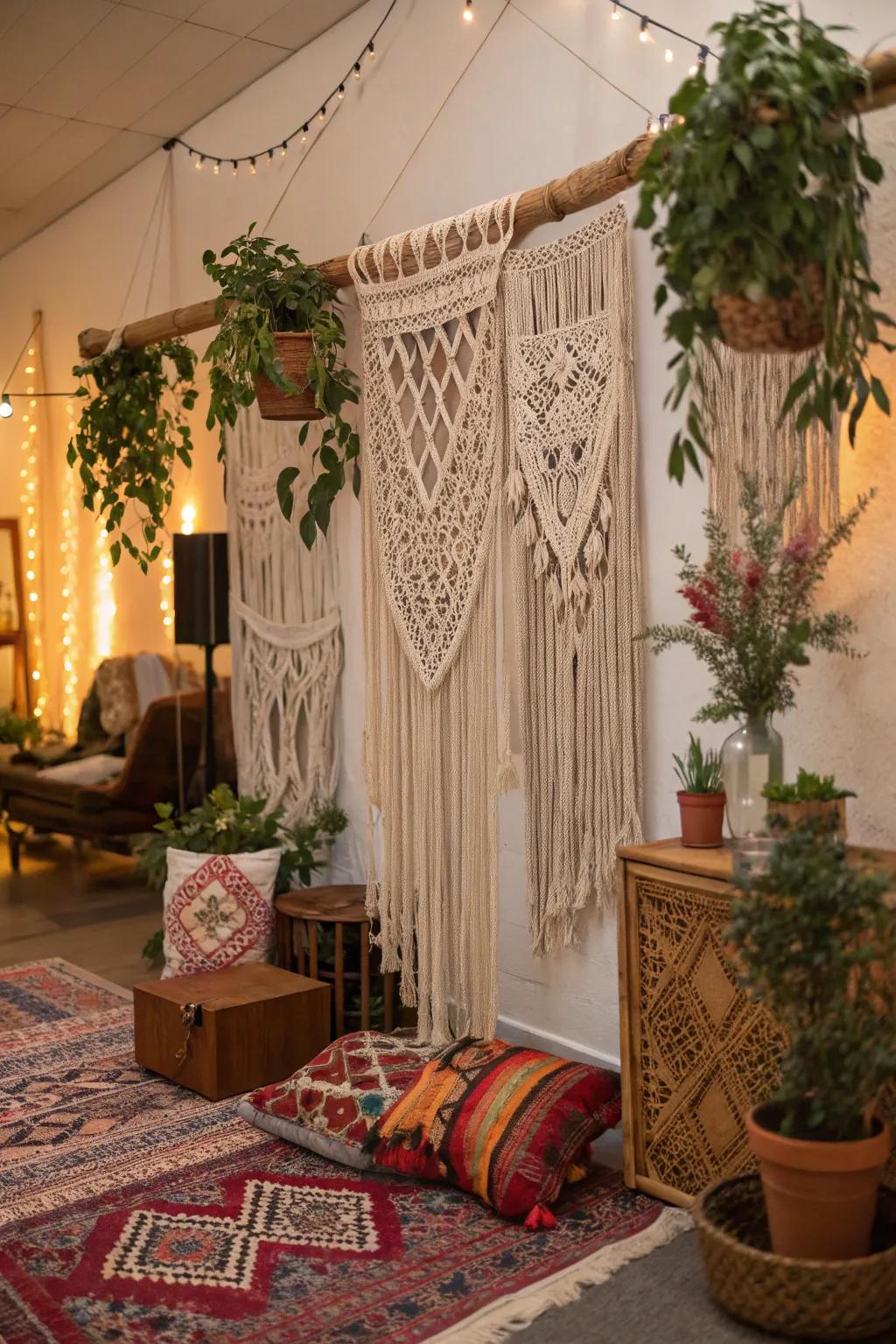 Integrate bohemian allure through a knotted cord backdrop.