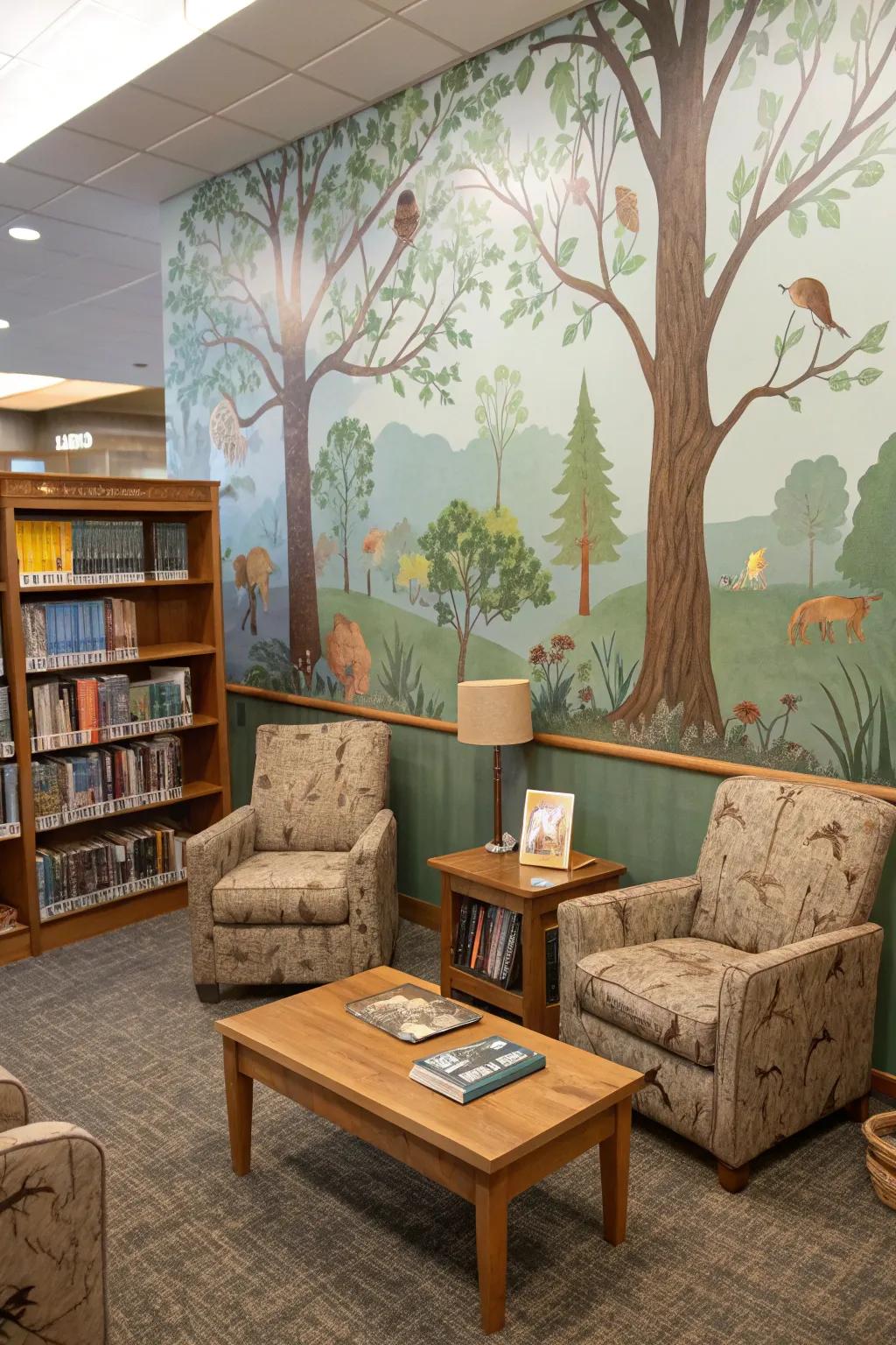 A reading chamber featuring a grove-themed surface, showcasing a woodland artwork.