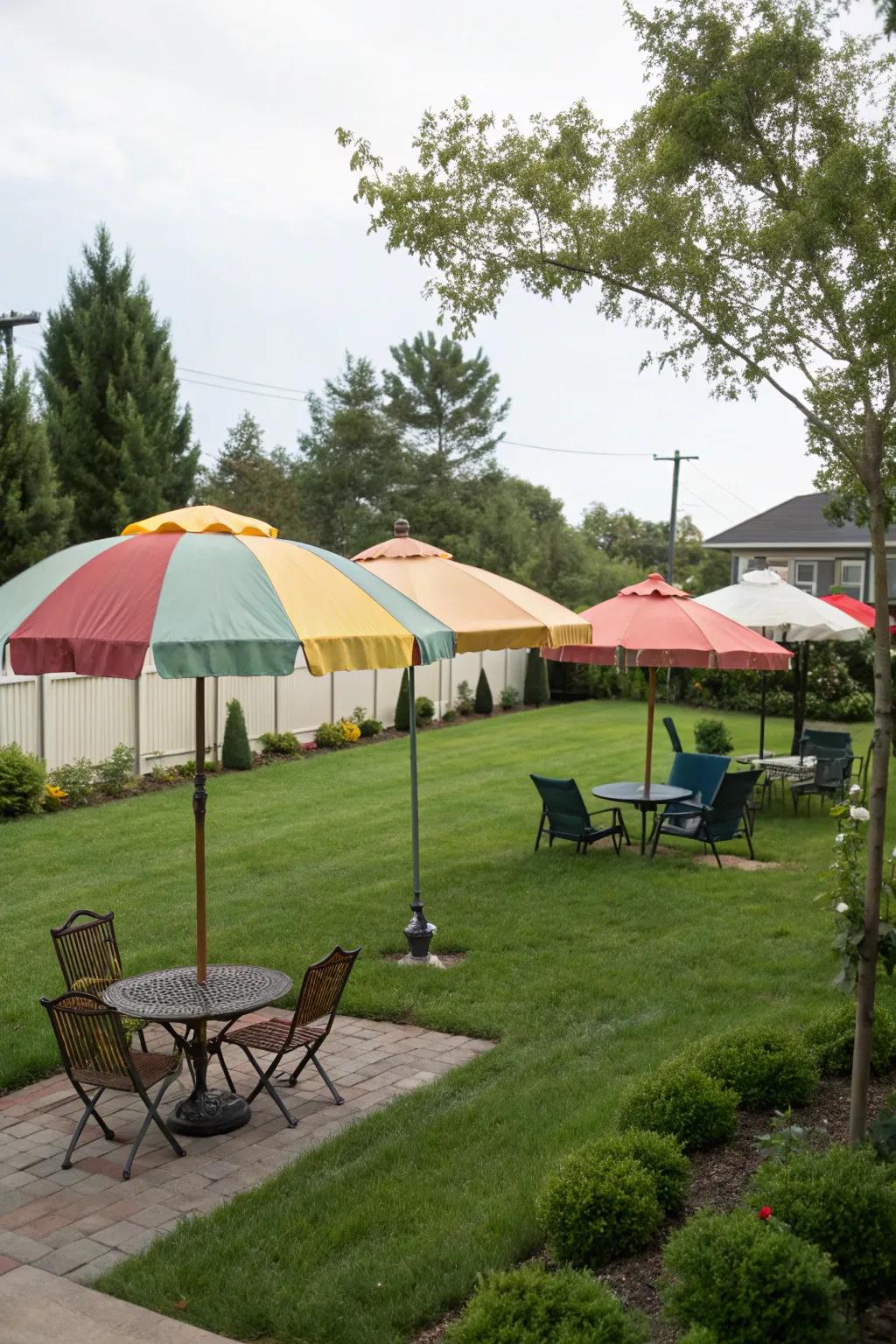 Umbrellas creating a private backyard seating area.