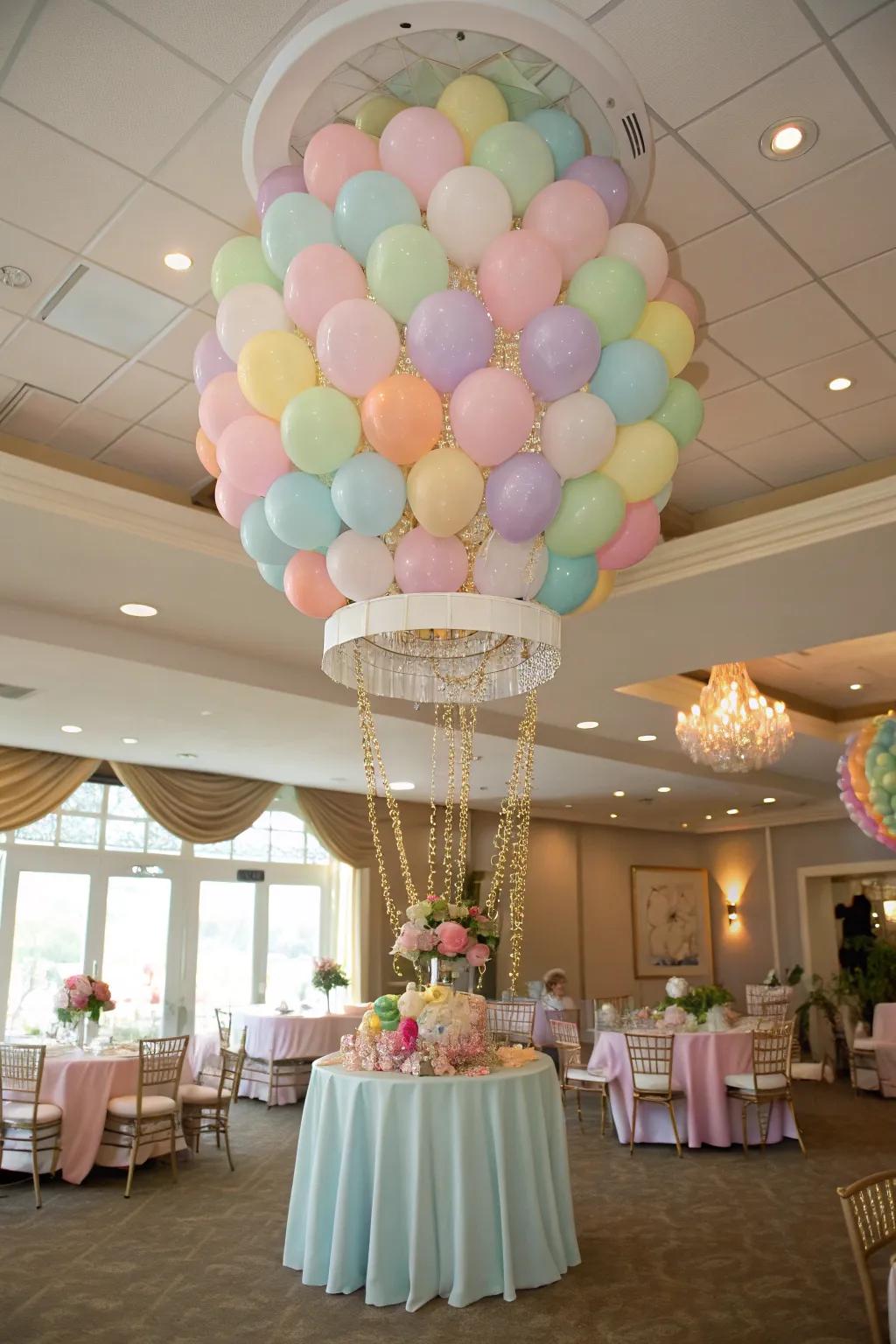 A floating balloon chandelier adds elegance to the decor.