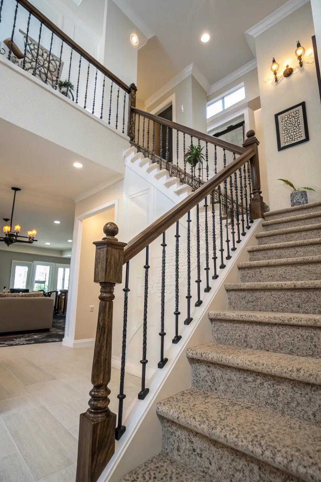 Unique textures with layered finish stair rails.