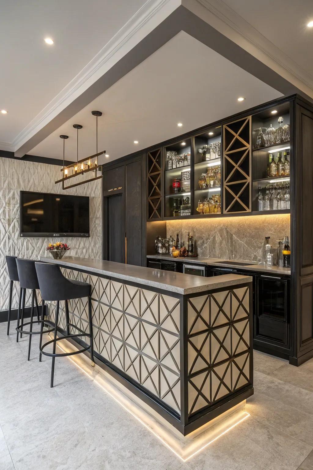 A modern touch is added to your bar area by geometric patterns.