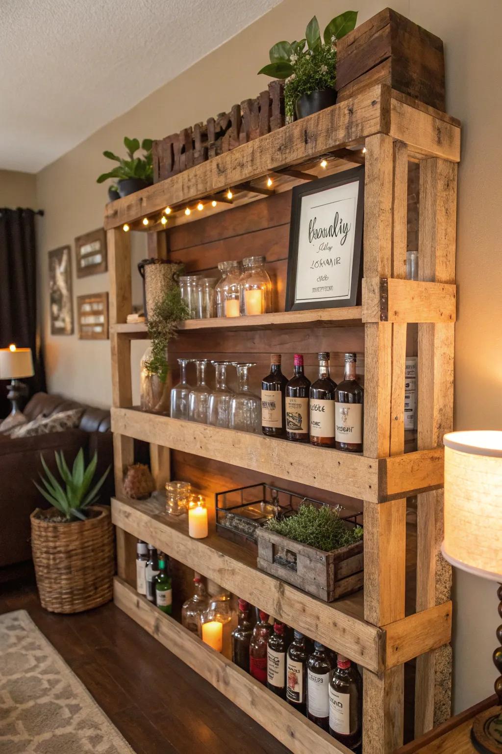 Decking shelves bring rustic charm to your bar.