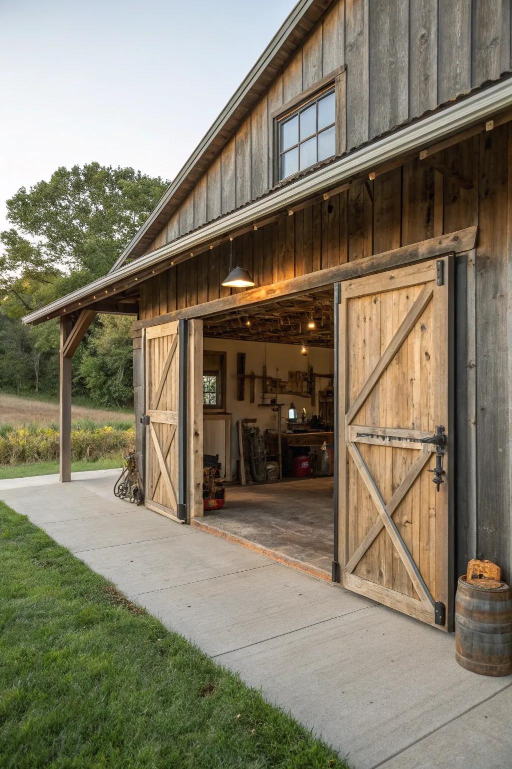 These sliding barn doors give the barn garage a rustic feel and save space.
