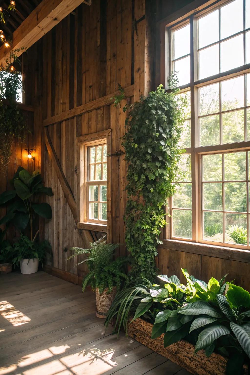 Transport nature indoors uniting barn wood alongside verdure.