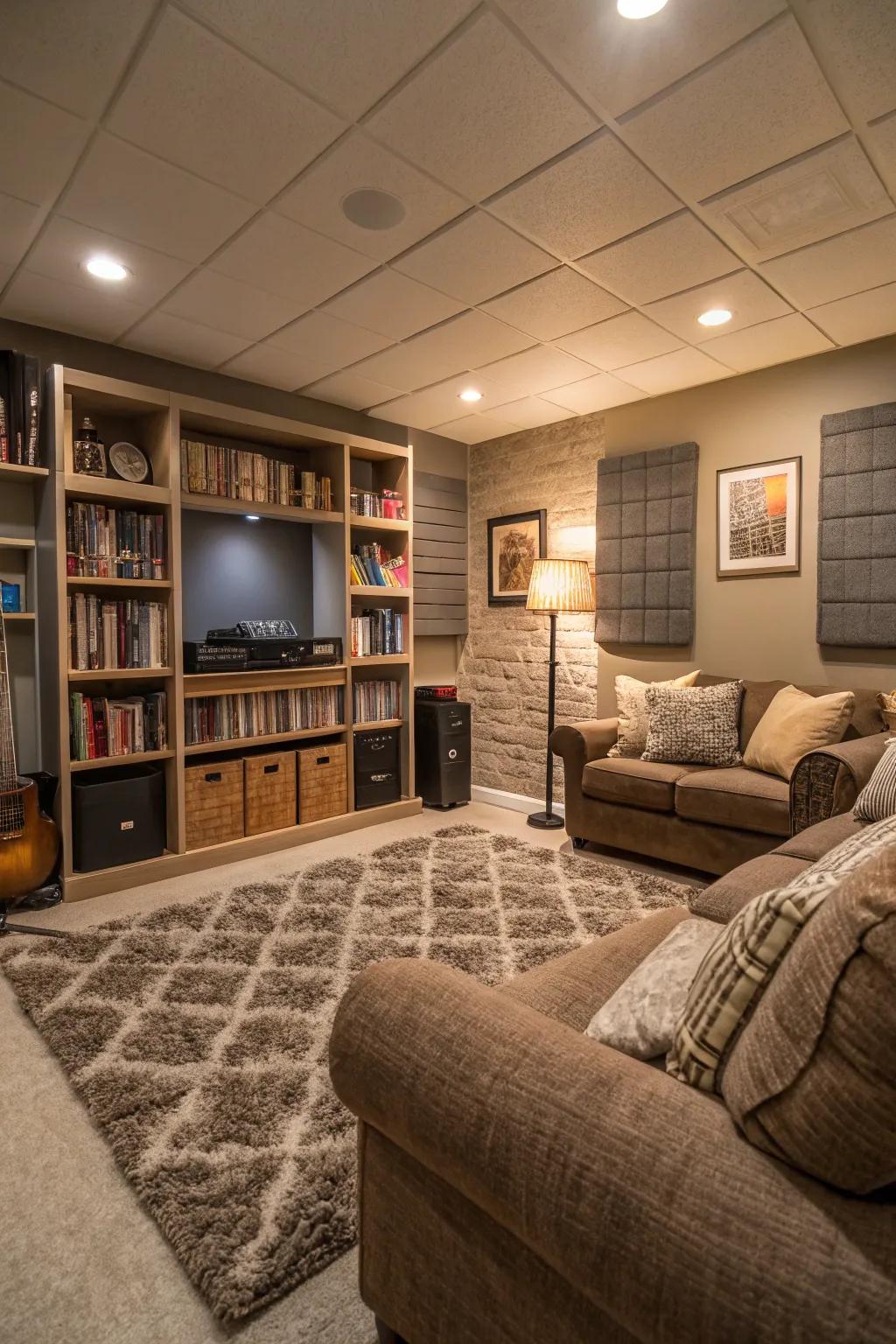 Soundproofing heightens the peace and comfort of this basement family space.