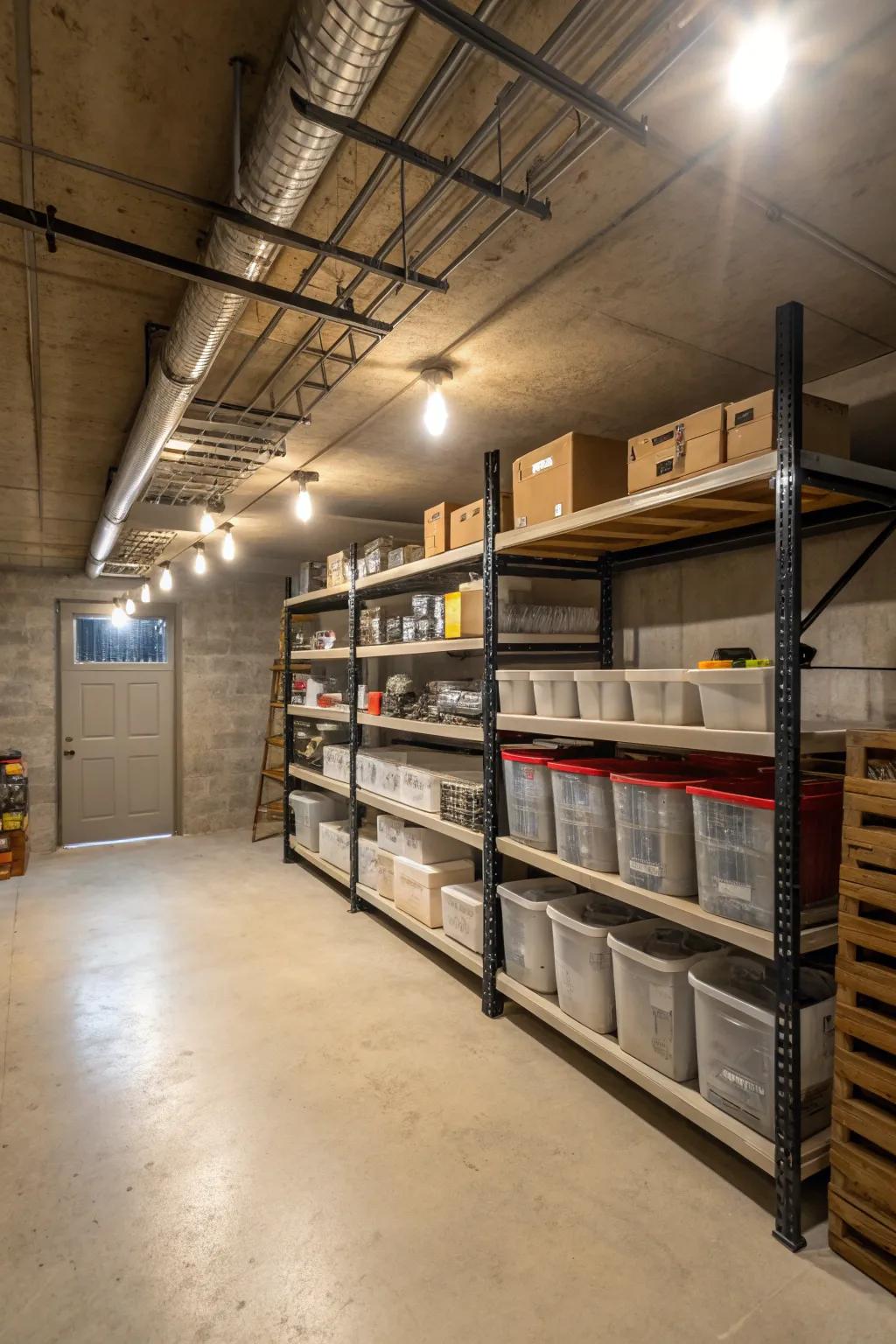 Linear illumination enhances visibility and ambiance within the basement.