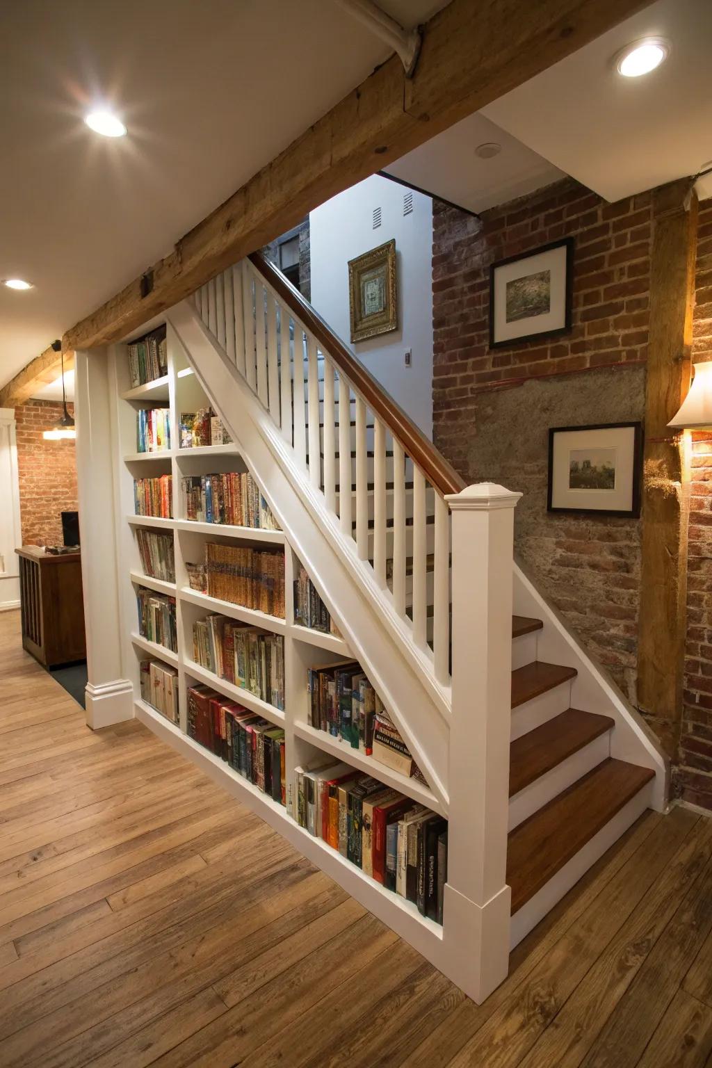 Bookshelf balustrades blend functionality with personal flair.