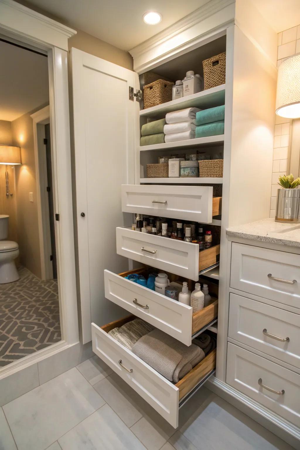Pull-out shelving providing concealed keeping in a bathroom storage.
