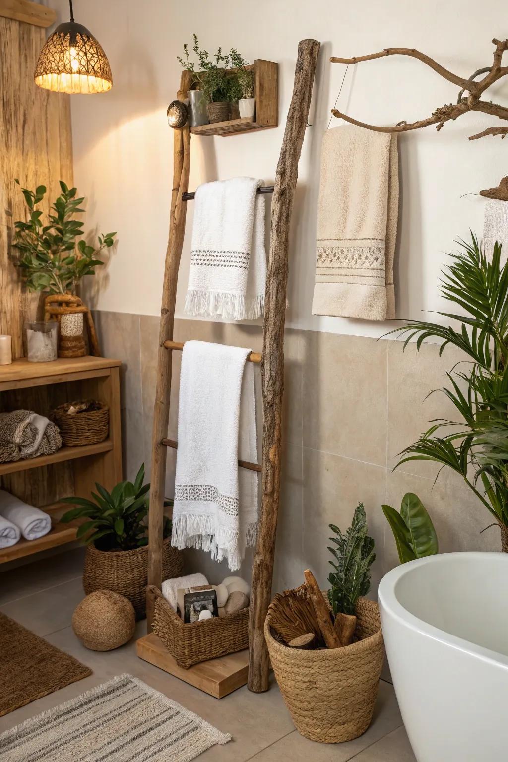 Natural elements append a nature-friendly touch to towel displays.