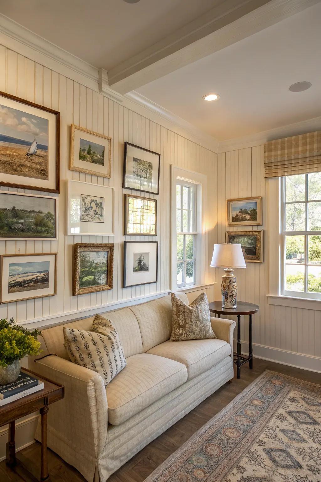 An artistic living space with neutral paneling divider.