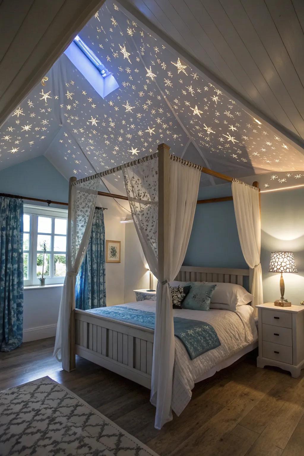 A light projector transforms the awning into a visual spectacle.