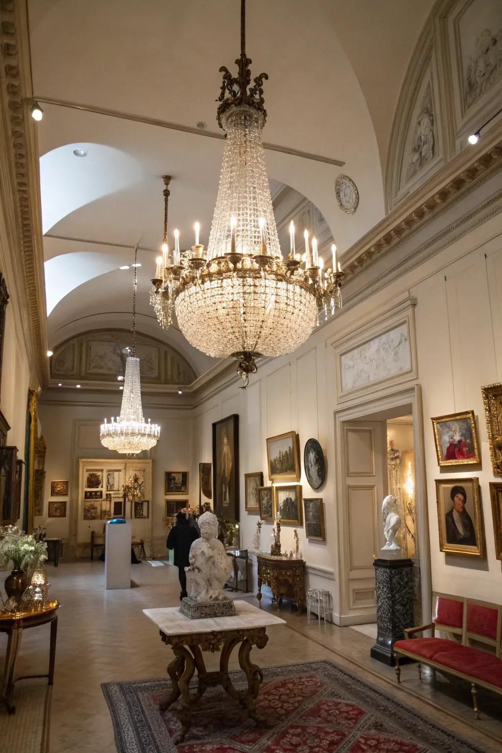 A chandelier adds dramatic flair