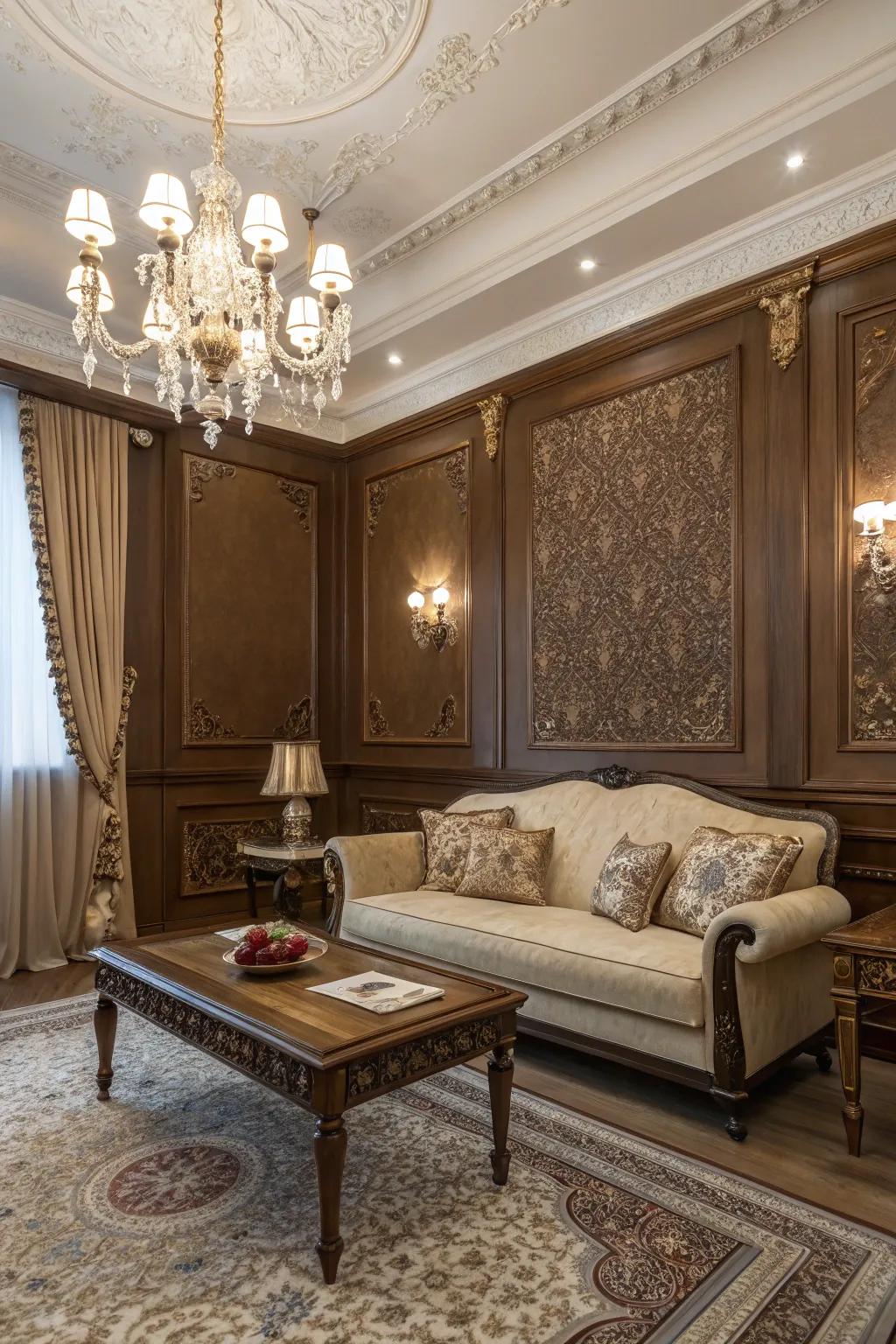 Timeless sophistication achieved through quintessential brown walls.