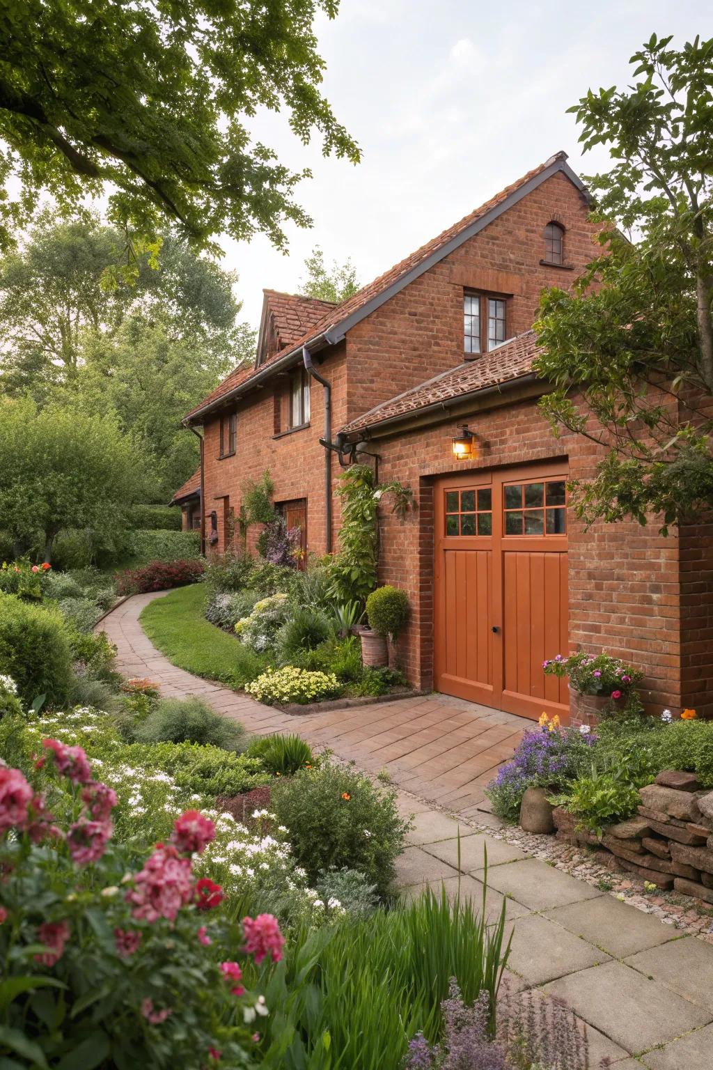Tuscan earth garage doors enhance the natural warmth of red brick homes.