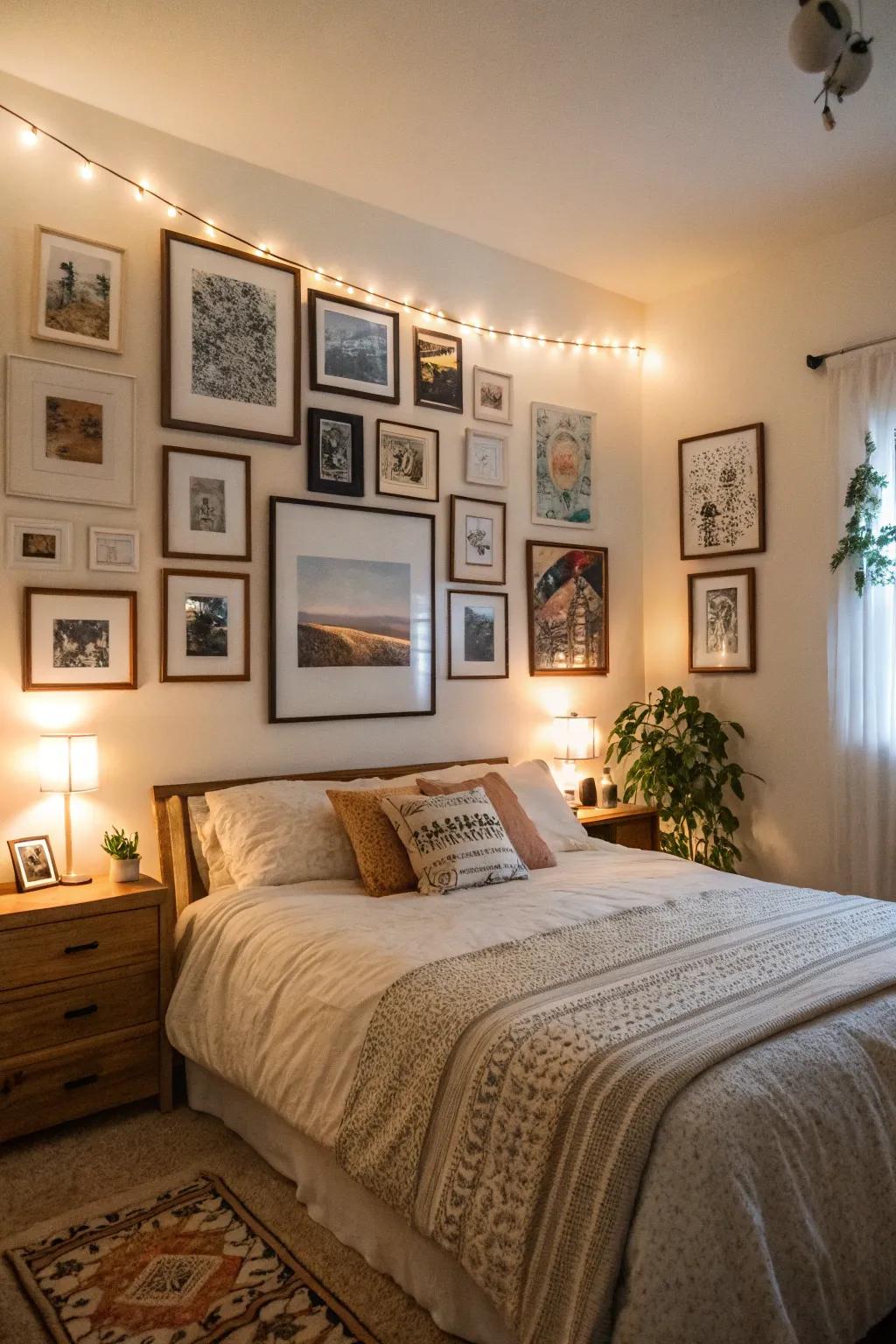 A spacious bedroom featuring a curated collection wall of personal art.