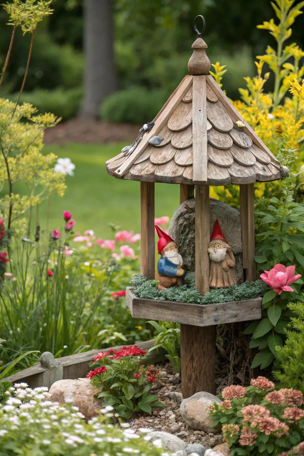 A playful gnome feeder that adds whimsy to any outdoor area.