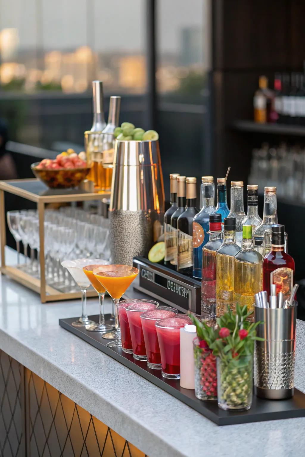 A chic cocktail station is well-stocked with spirits and mixers.